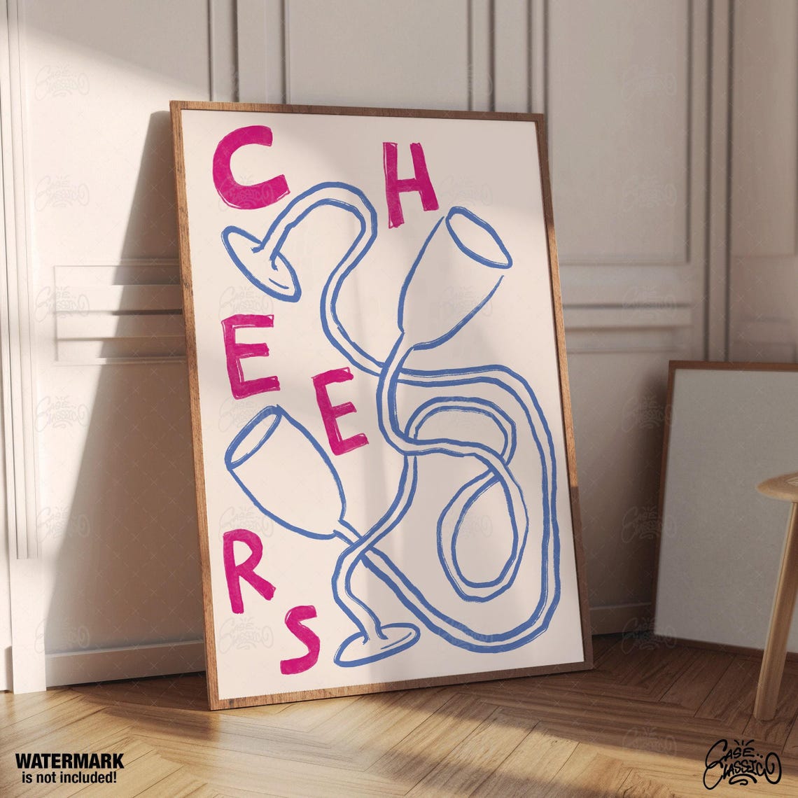Cheers Tangled Wine Glass Doodle Abstract Blue Line Art Bar Poster - Image 4