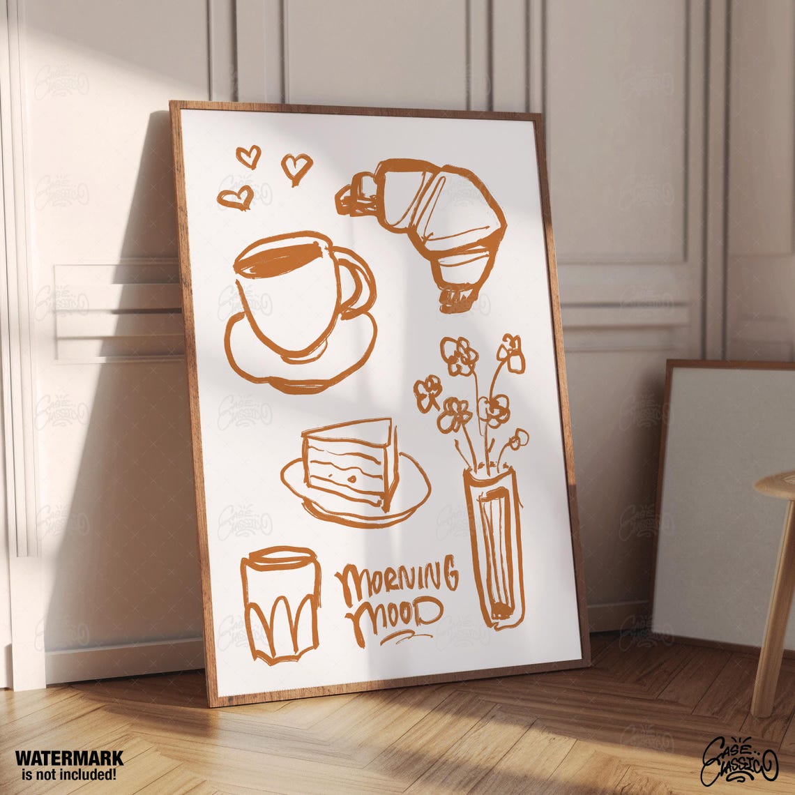 Morning Mood Golden Brown Coffee Breakfast Doodle Kitchen Poster
