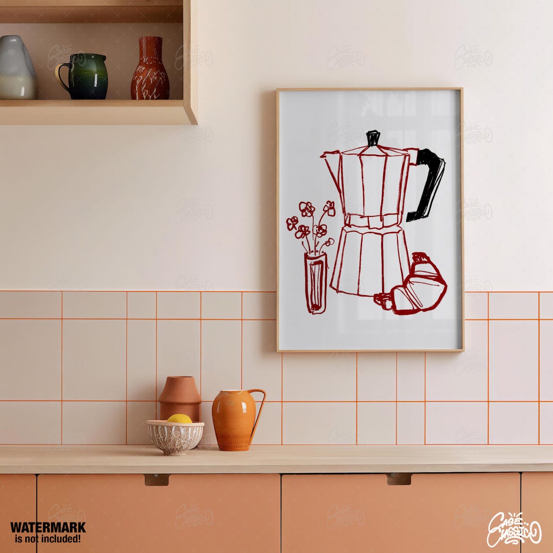 Moka Pot Croissant Flowers Red Line Sketch Coffee Kitchen Poster - Image 2