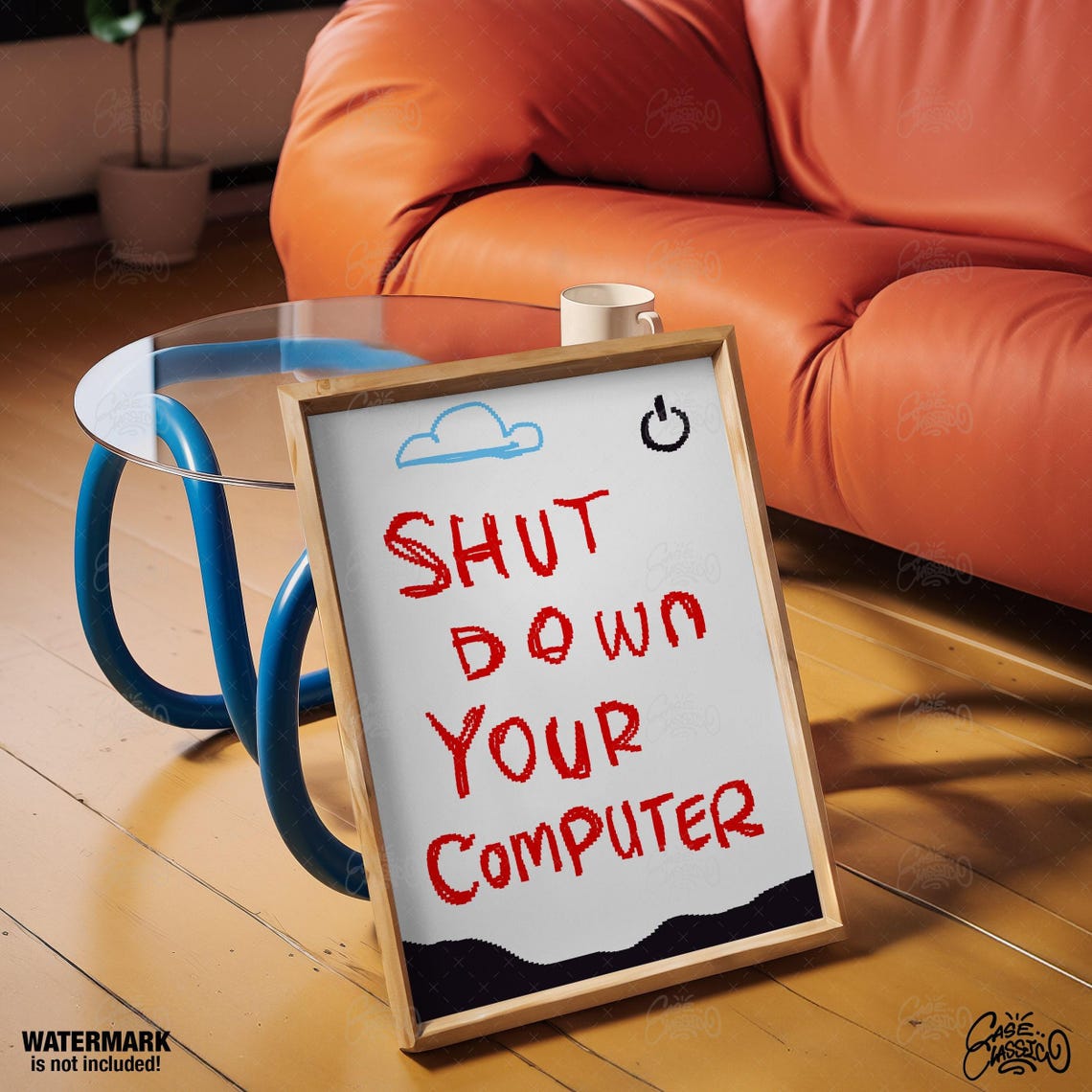 Shut Down Your Computer Gaming Poster in Red Pixel Text on White Art - Image 4