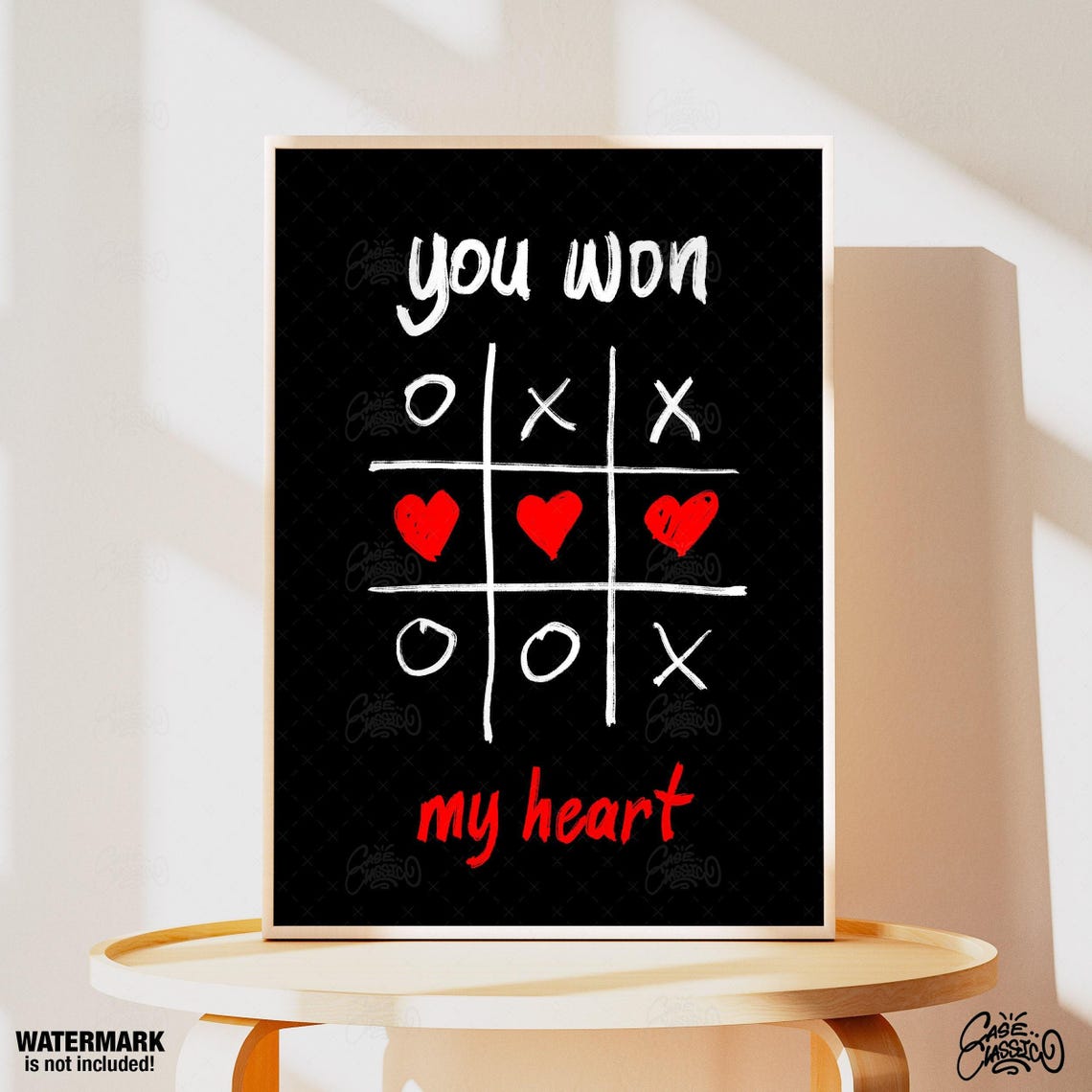 You Won My Heart Tic Tac Toe Game Poster With a Red Heart Row