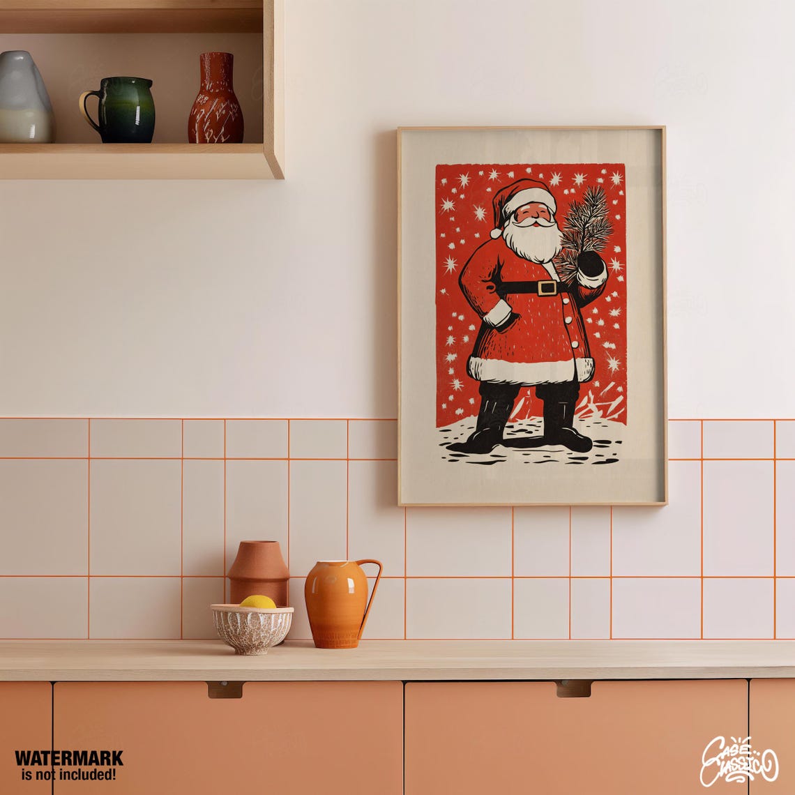 Vintage Red Santa Claus Holding Pine Branch Retro Holiday Poster - Image 2