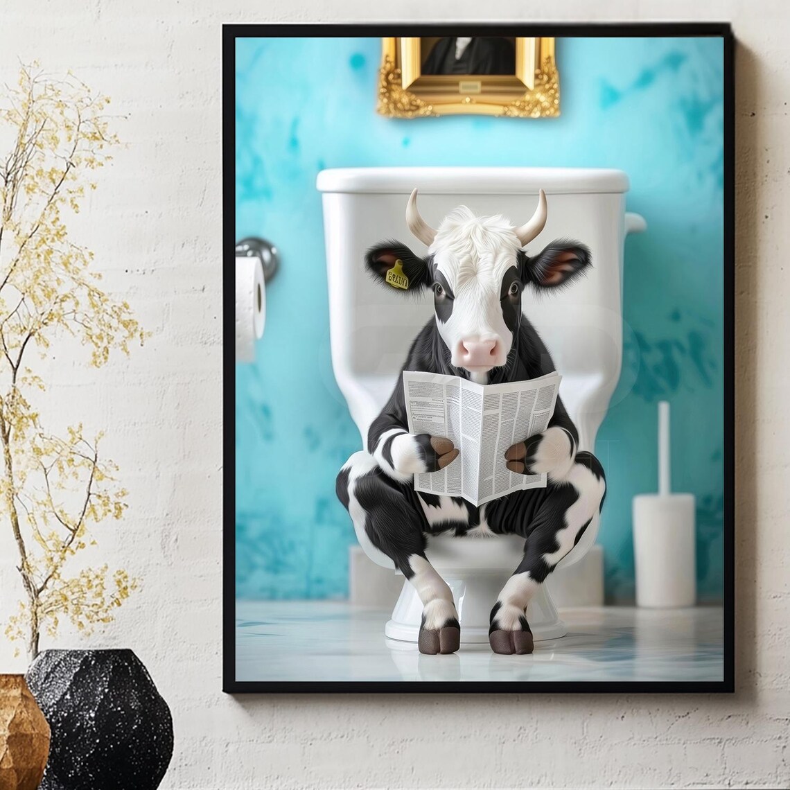 Holstein Cow Reading Newspaper in the Toilet Art Print