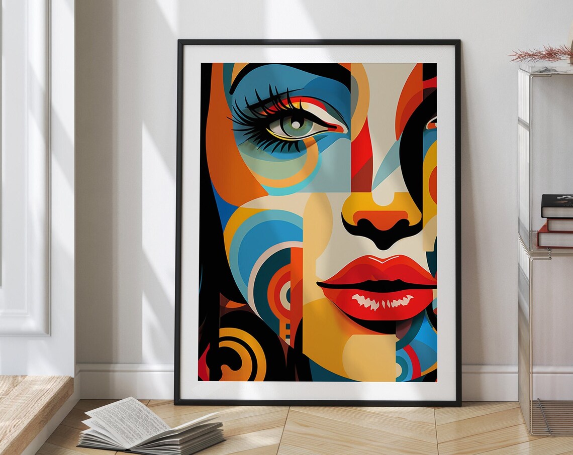 Bold Pop Art Cubist Woman Face with Red Lips and Blue Geometry Poster - Image 4