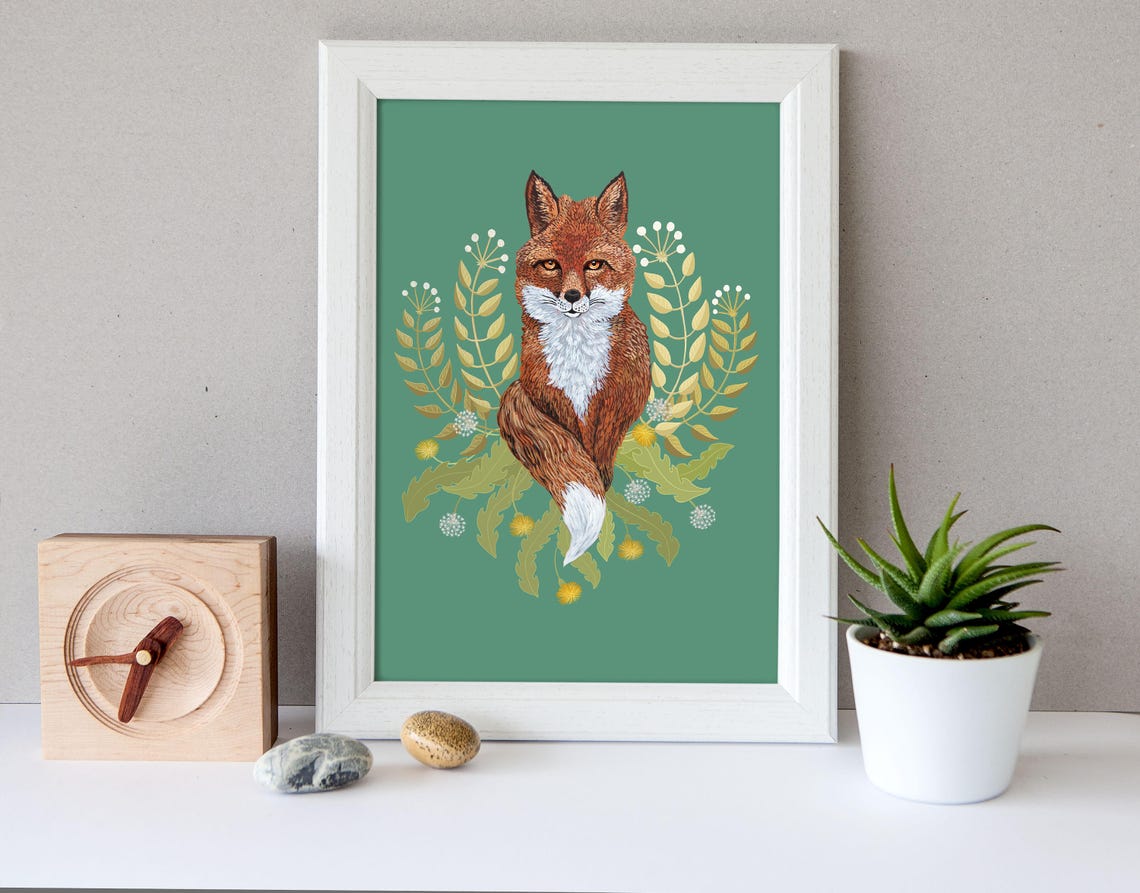 Print File Instant Jpg Brown Cute Fox In Green Animal Botanical Foxy Floral - Image 2