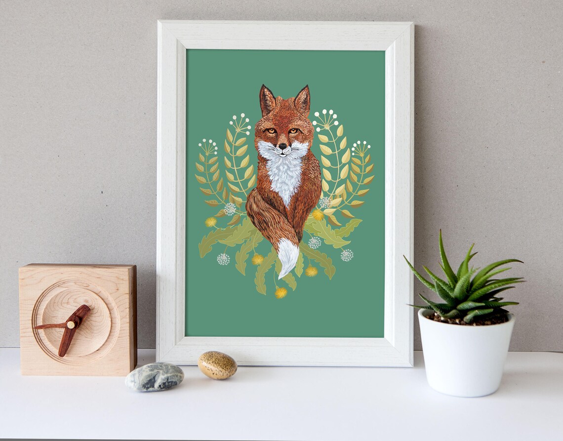 Red Fox Botanical Illustration Sage Green Floral Woodland Art Poster - Image 2