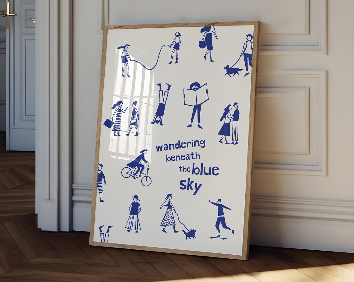 Whimsical Wandering Beneath The Blue Sky Blue Doodle People Art Print - Image 3
