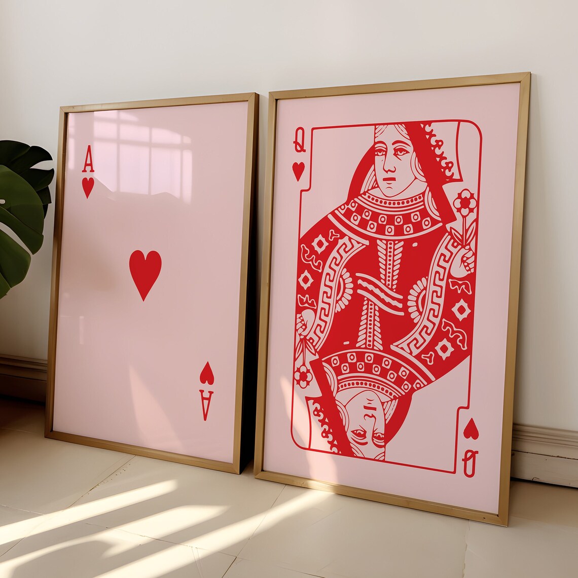 Queen of Hearts Pink Playing Card Red Line Art Card Pair Poster