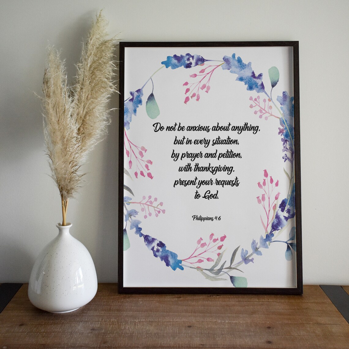 Philippians 4:6 Do Not Be Anxious Watercolor Floral Wreath Wall Art
