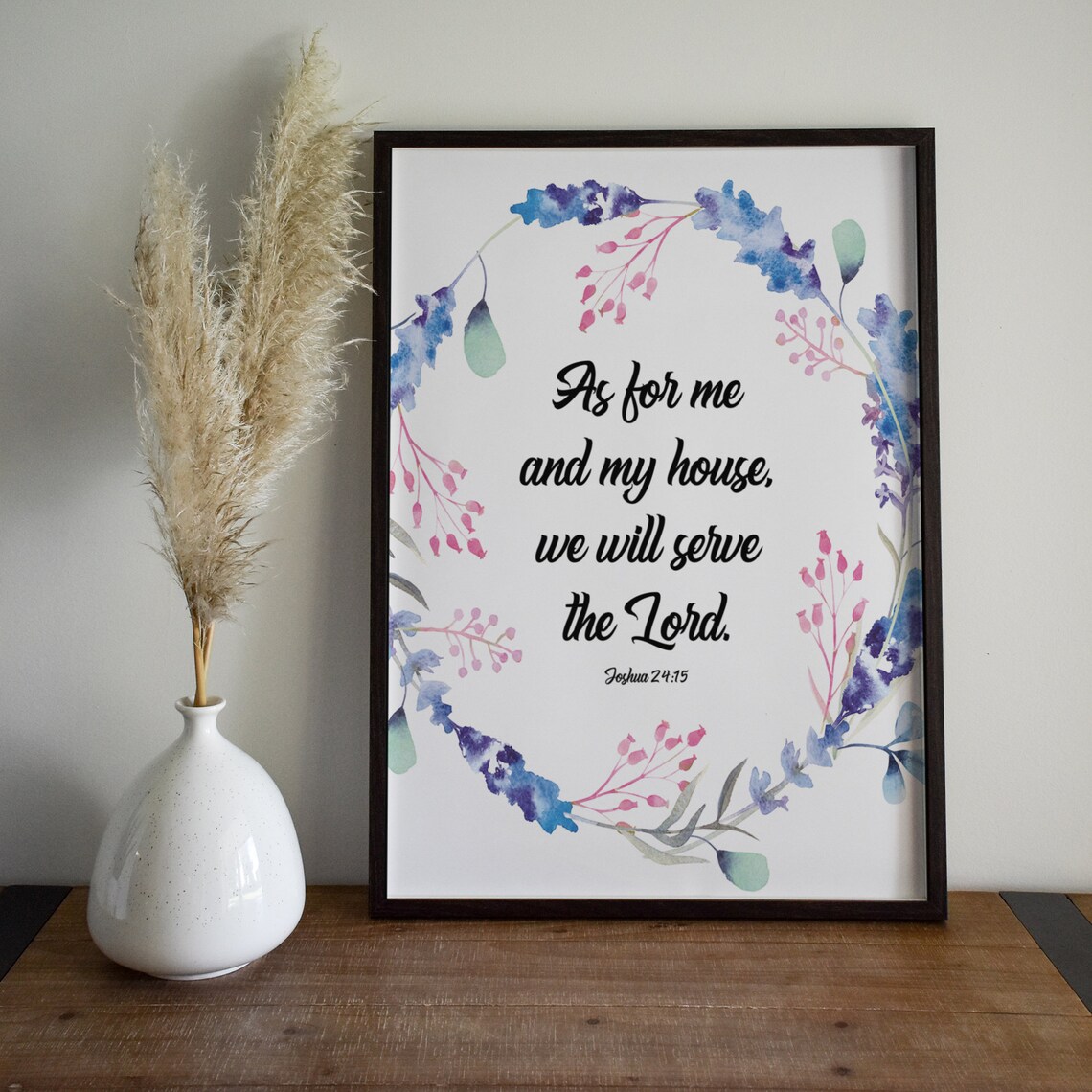 Joshua 24:15 As for Me and My House Watercolor Wreath Scripture Poster
