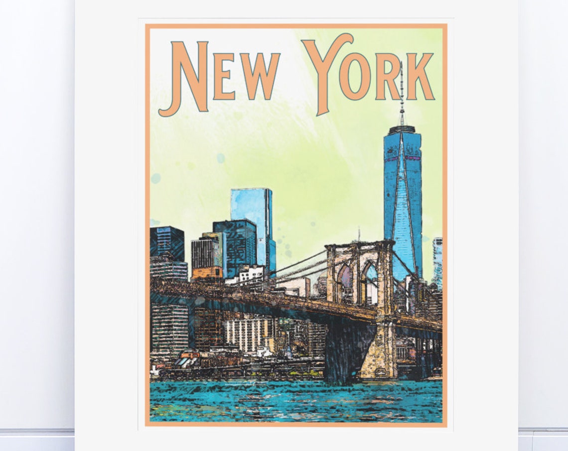New York Brooklyn Bridge Manhattan Skyline Sketch Travel Poster