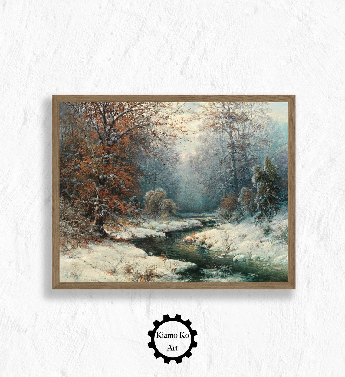 Winter Creek Through Snowy Autumn Forest Vintage Landscape Poster