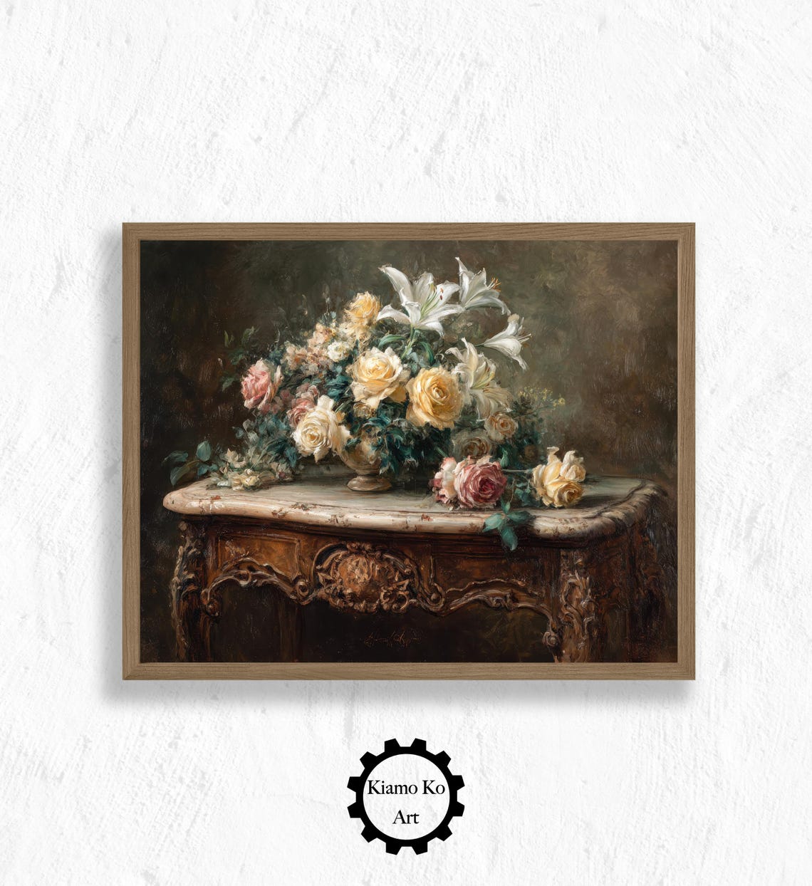 Roses And Lilies In A Vase On An Antique Carved Table Poster