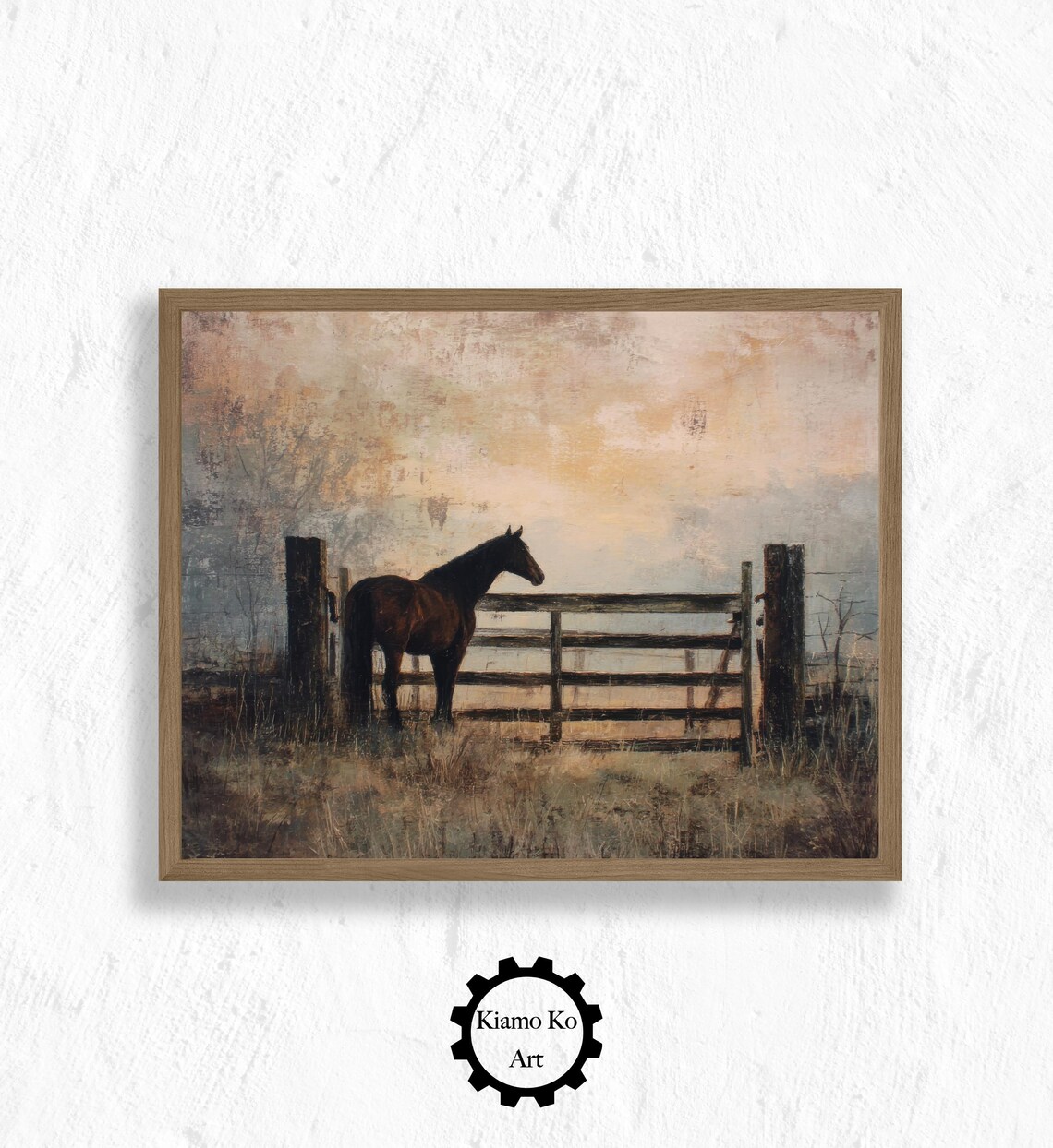 Dark Horse At A Wooden Fence In A Misty Morning Pasture Poster