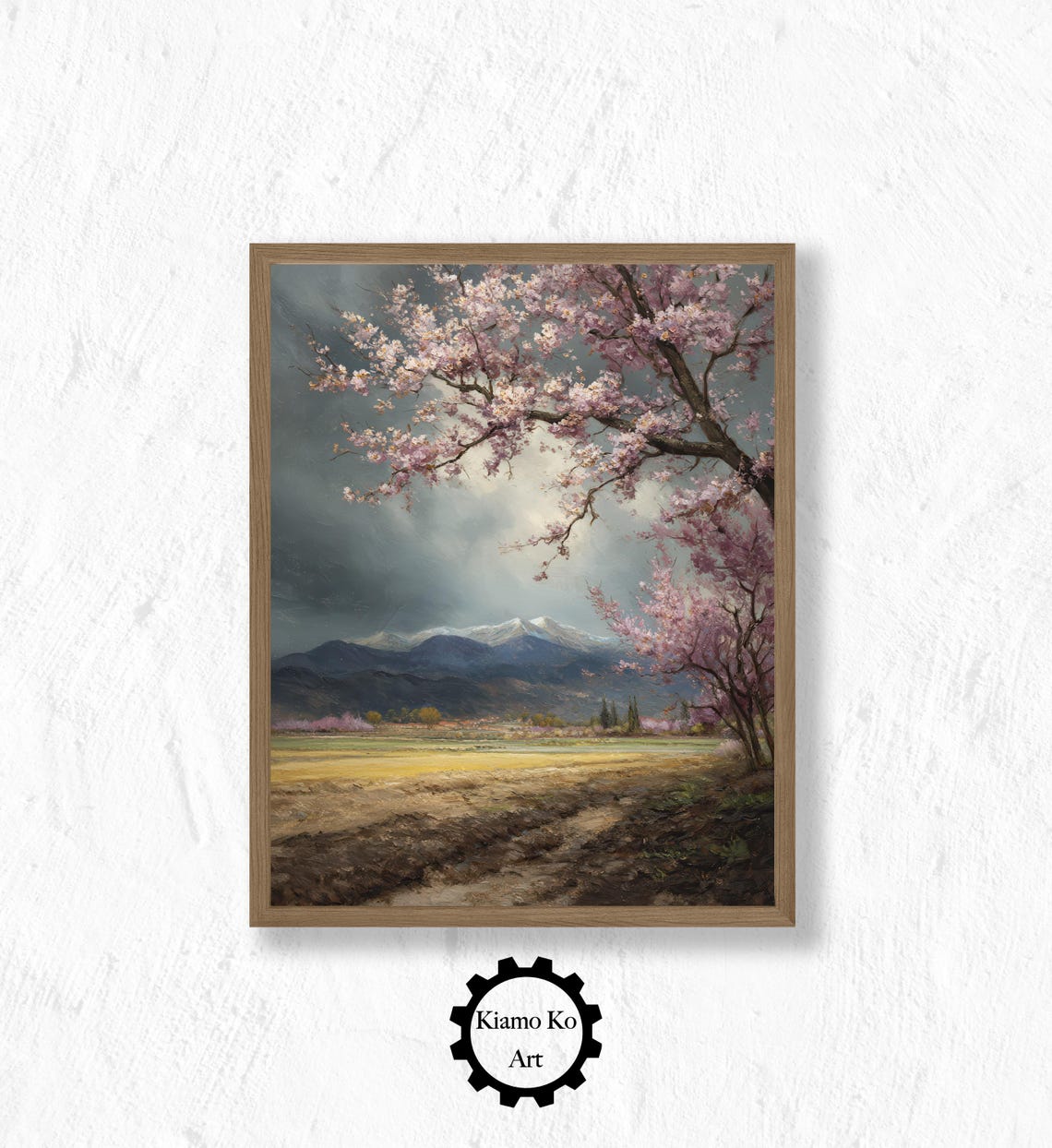 Pink Blossom Tree With Snowy Mountains Spring Landscape Art Poster