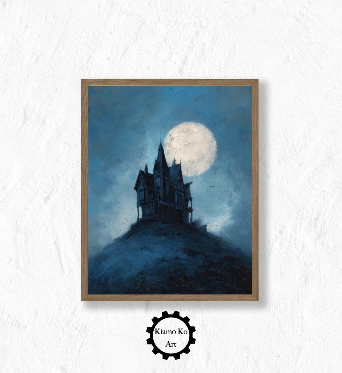 Spooky Victorian House On Hill Under Full Moon Night Art Poster