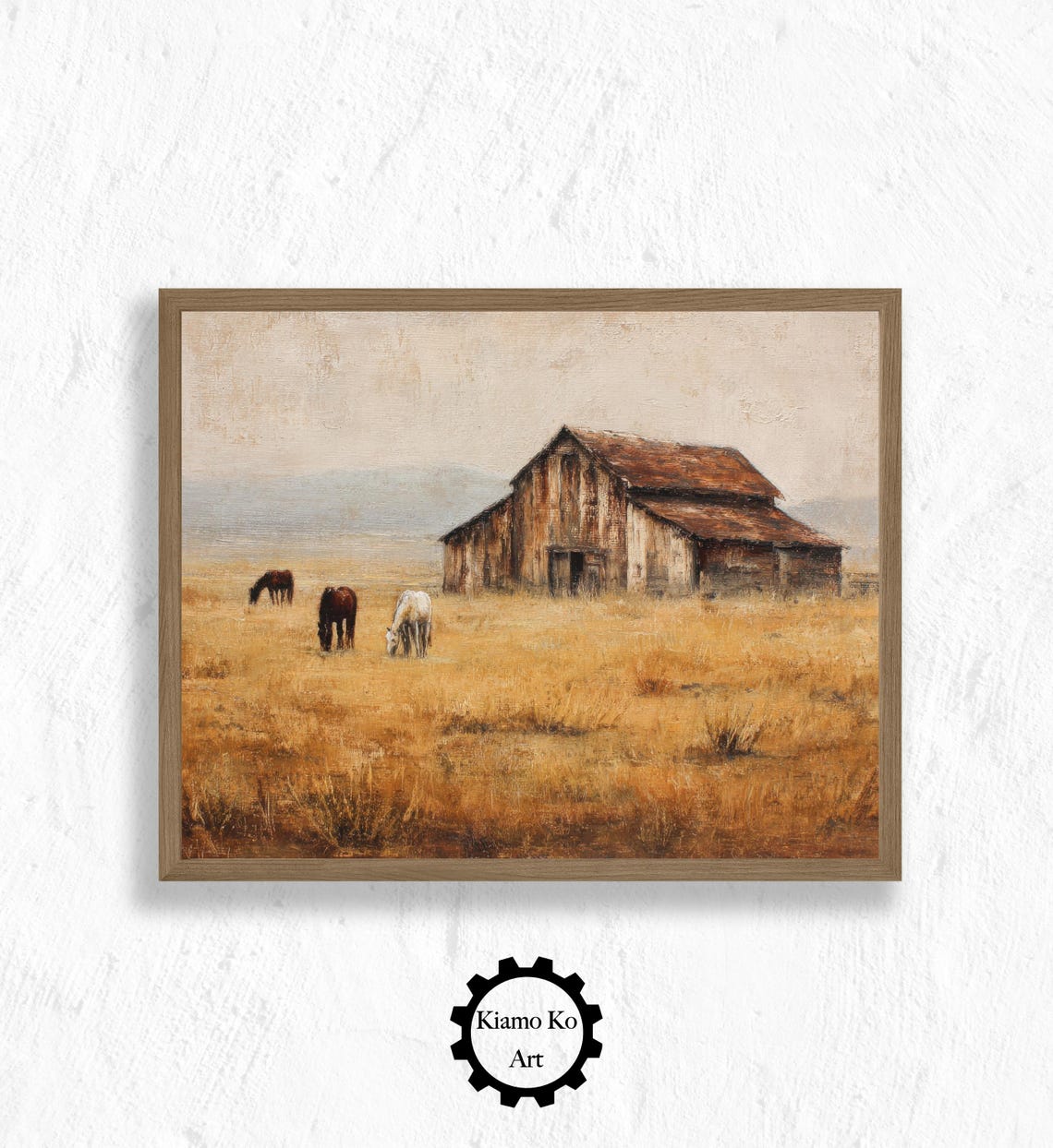 Horses Grazing By Weathered Barn Vintage Western Farmhouse Art Poster