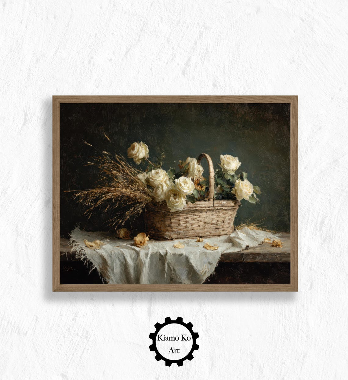 White Roses in a Wicker Basket Beside Sheaves of Golden Wheat Poster