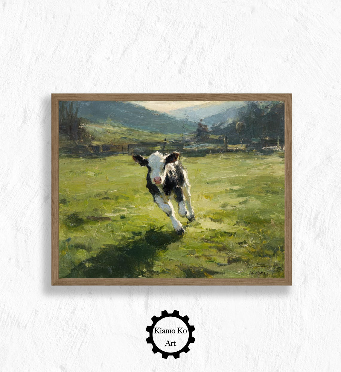 Playful Black and White Calf Running Across a Sunlit Meadow Poster