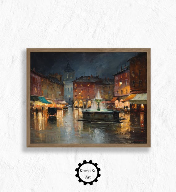 Moonlit Square Nocturnal Serenity Moody Night Art Print Tranquil Waterway Decor Cozy Home Wall Vintage Nightscape Gift