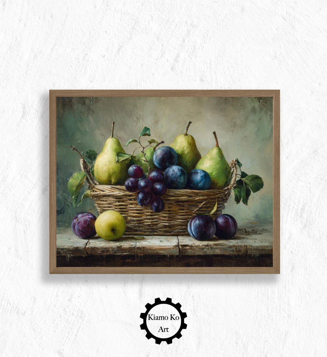 Wicker Basket of Pears Plums and Grapes Rustic Still Life Poster