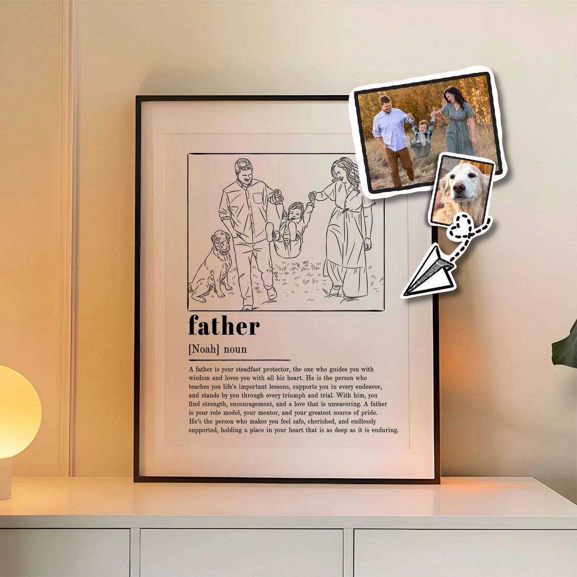Father Definition Custom Line Art Dad Swinging Child With Dog Poster