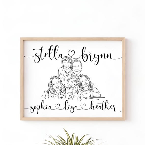 Personalized Family Line Drawing Minimalist Portrait Gift For Couples Anniversary Mothers Day Grandparents Best Friends Birthdays