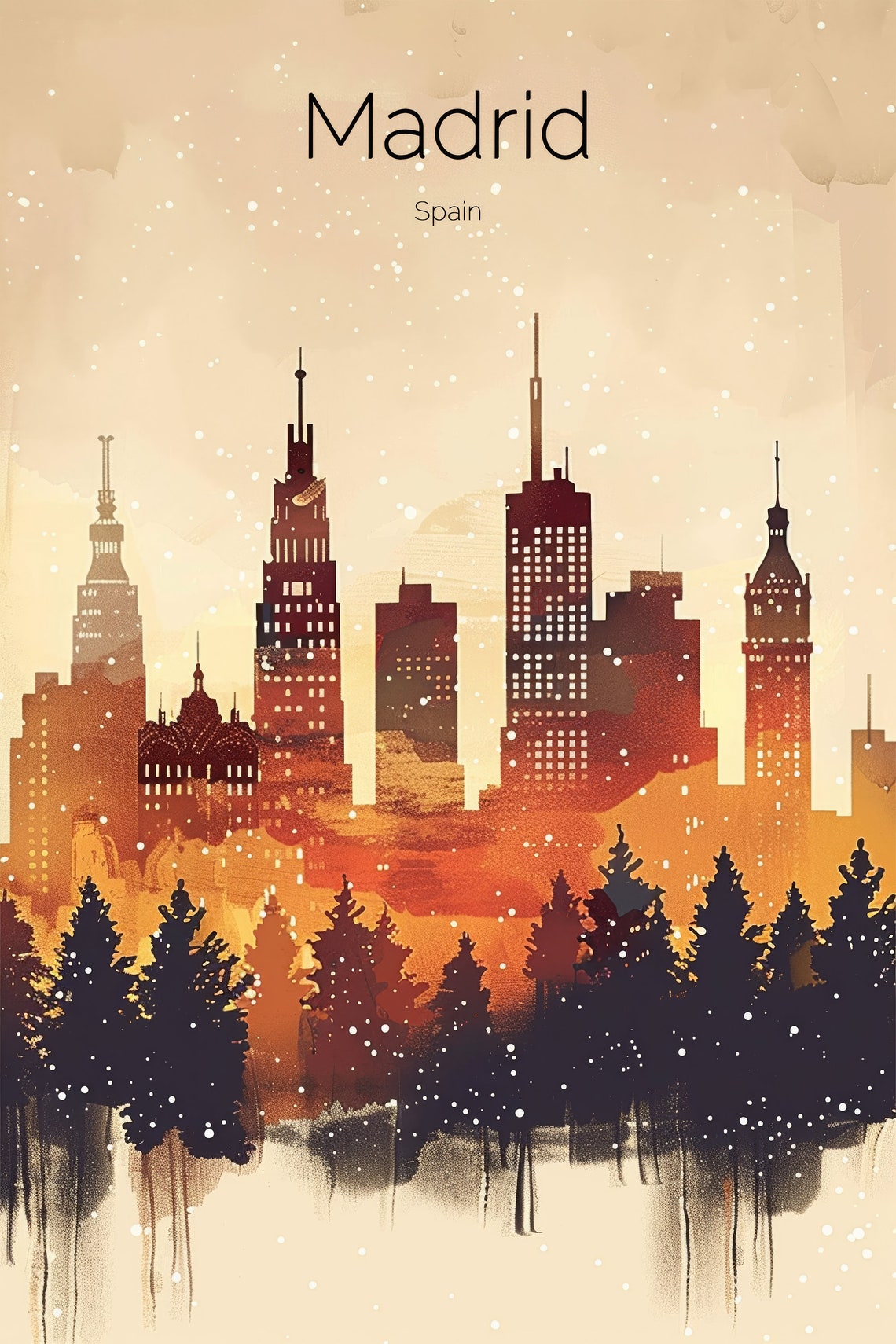 Madrid Spain Watercolor City Skyline Dusk Trees Silhouette Poster - Image 2