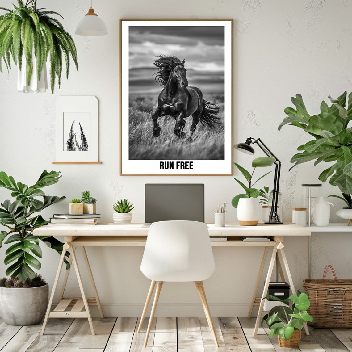 Black Horse Galloping Wild And Free Run Free Black White Poster
