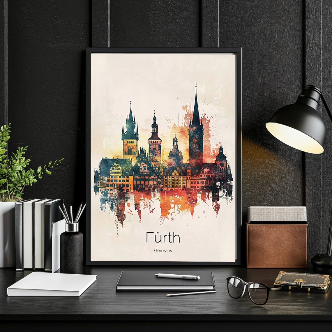 Fürth Germany Watercolor Skyline Church Spires Evening Glow Poster