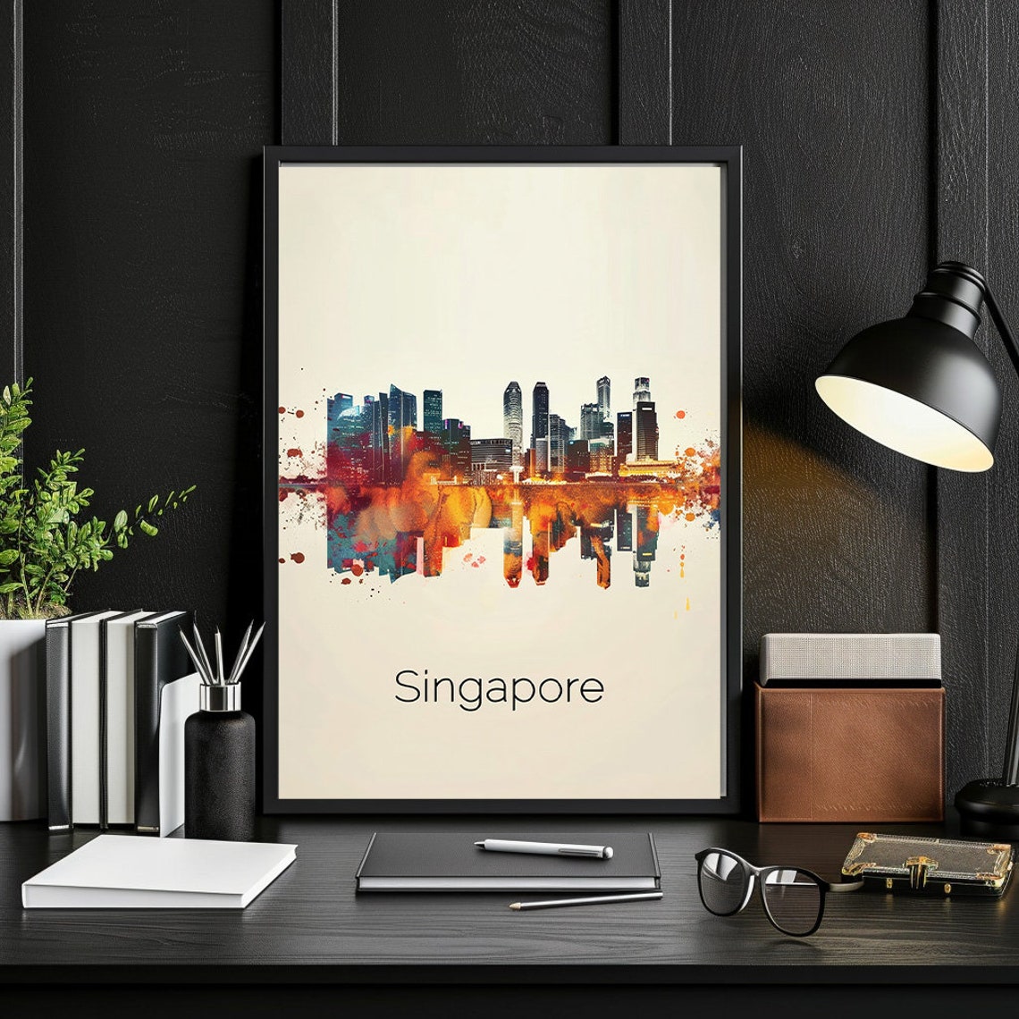 Singapore Watercolor City Skyline Marina Bay Dusk Glow Poster