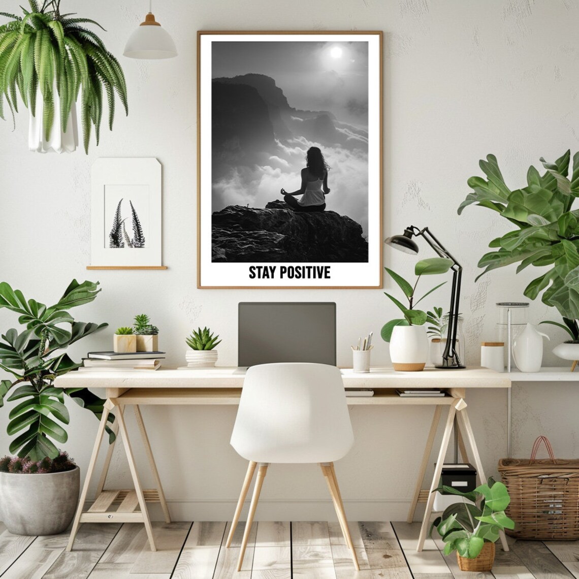 Woman Meditating On Mountain Peak Stay Positive Black White Poster