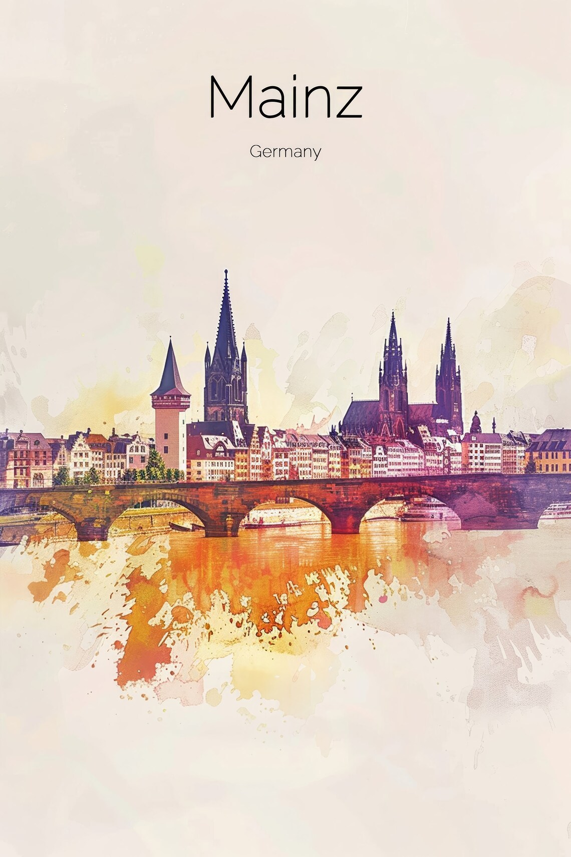 Mainz Germany Cathedral Rhine Bridge Watercolor Skyline Travel Poster - Image 2