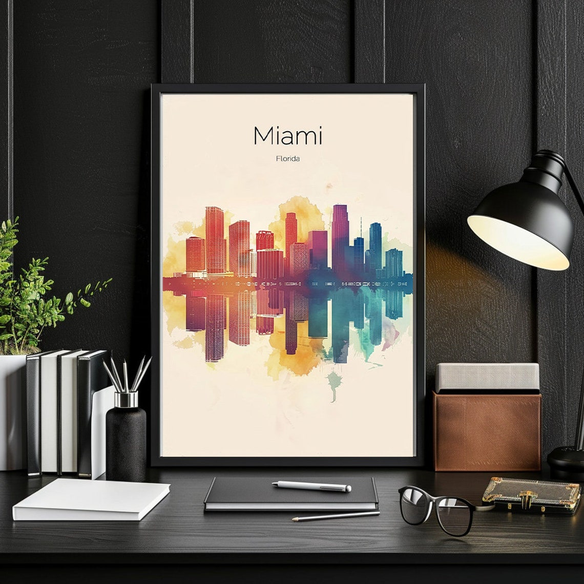 Miami Florida Downtown Skyline Gradient Watercolor Travel Poster