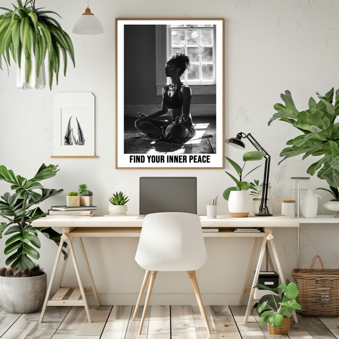 Woman Meditating Indoors Find Your Inner Peace Black White Poster