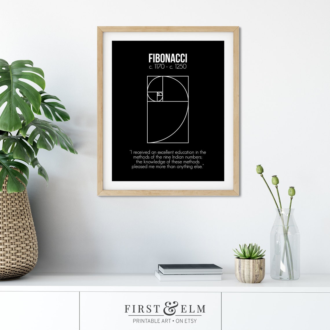 Famous Fibonacci Golden Spiral Mathematician Quote Black Art Print - Image 3