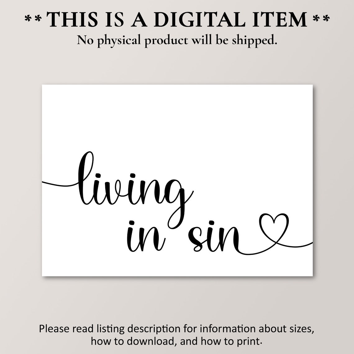 Living In Sin Script Heart Funny Couples Home Decor Quote Poster - Image 4
