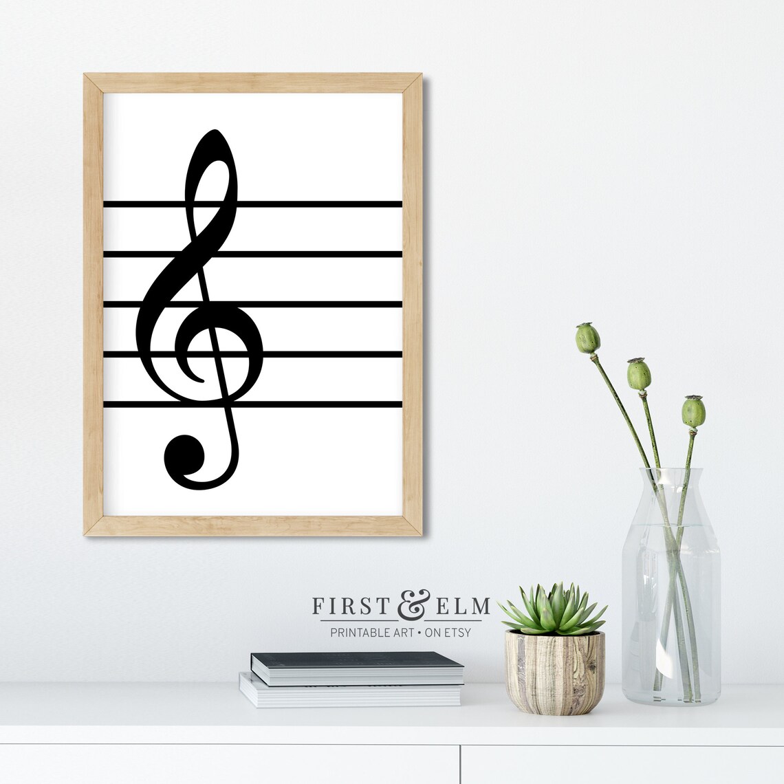 Minimalist Treble Clef on Staff Lines Black and White Music Poster - Image 3