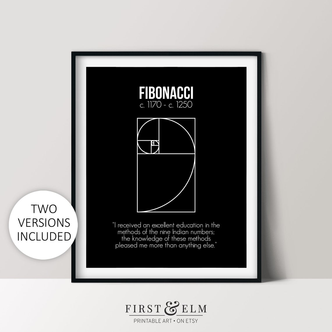Famous Fibonacci Golden Spiral Mathematician Quote Black Art Print