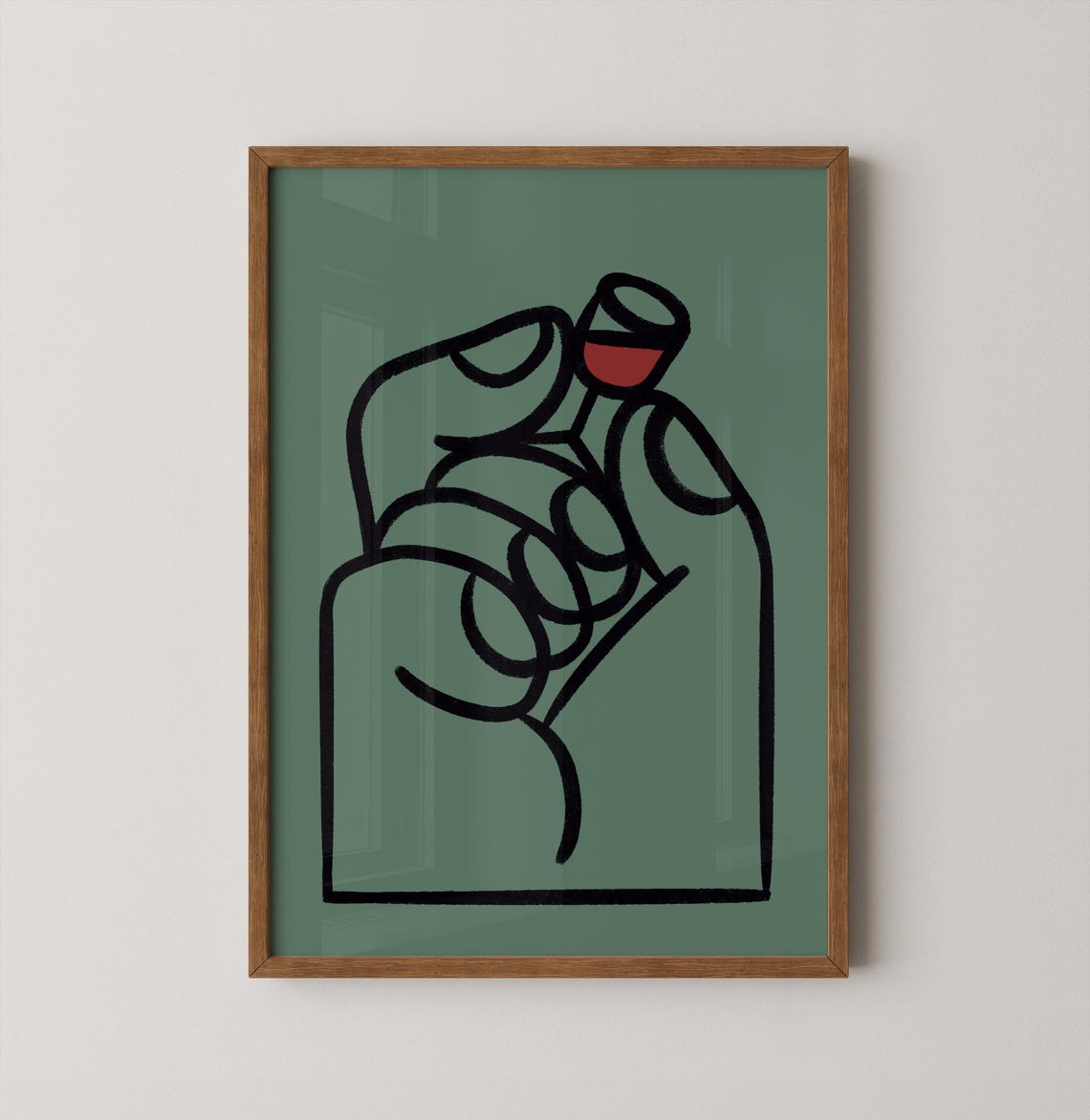 Hand Holding Red Wine Glass Minimalist Bold Line Art Green Print