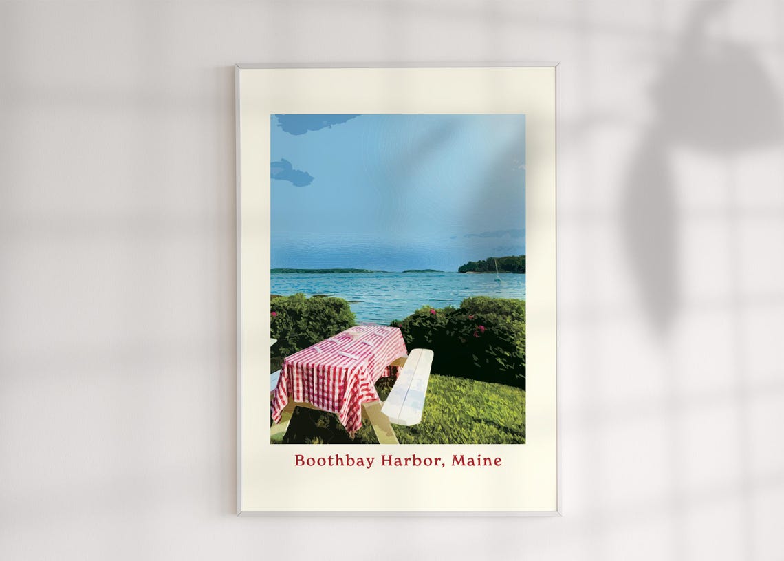Boothbay Harbor Maine Waterfront Picnic Table Scene Travel Poster