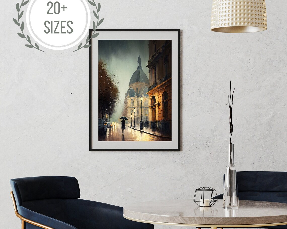 Rainy Paris Street Painting Old Domed Building Umbrella Art Poster
