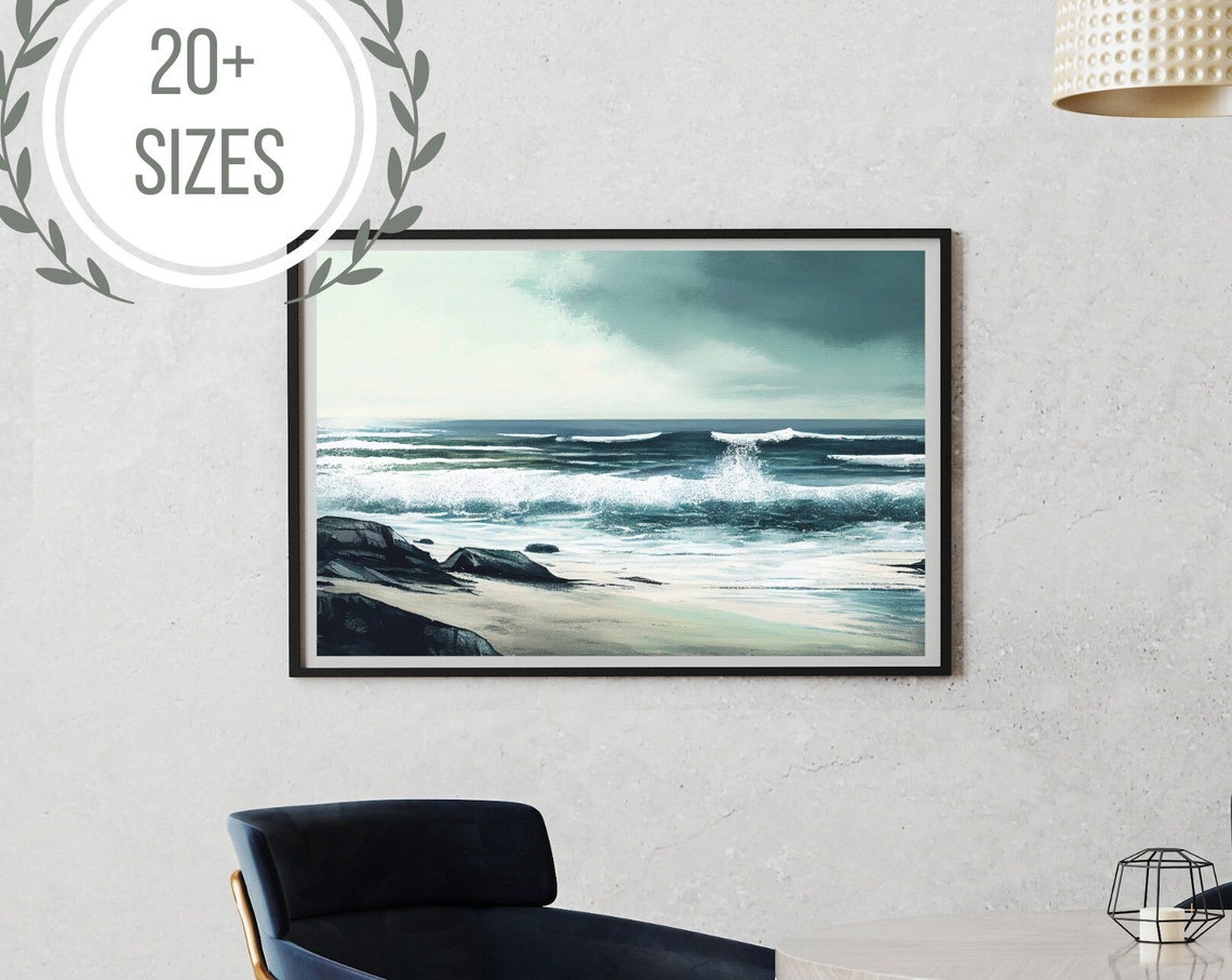 Teal Ocean Waves Rocky Beach Seascape Painting Coastal Poster - Image 2