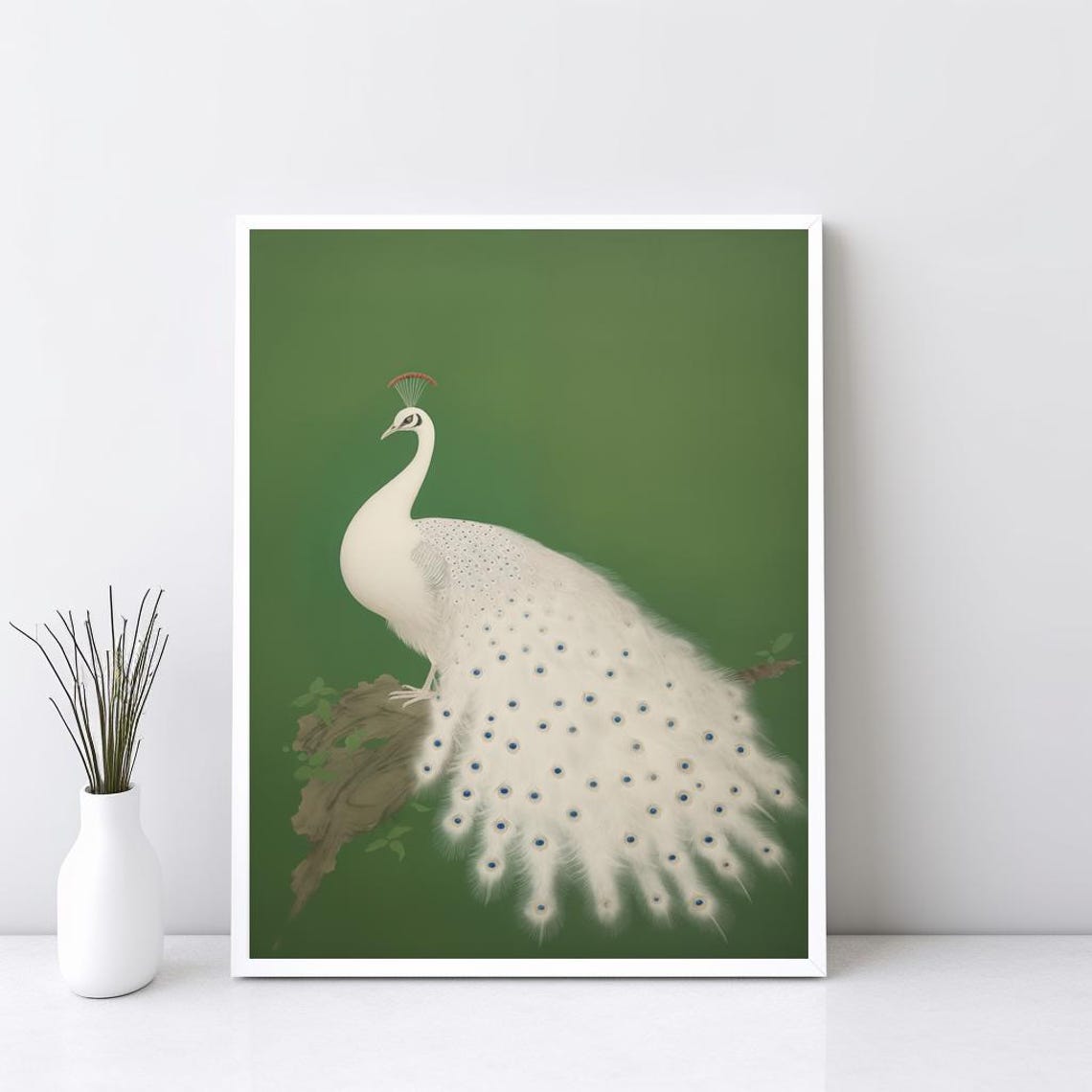 White Peacock Poster Japanese Style Painting on Green Background