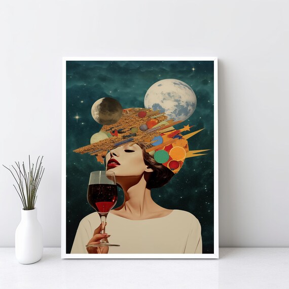 Surreal Woman with Cosmic Galaxy Head Holding Wine Glass Art Poster