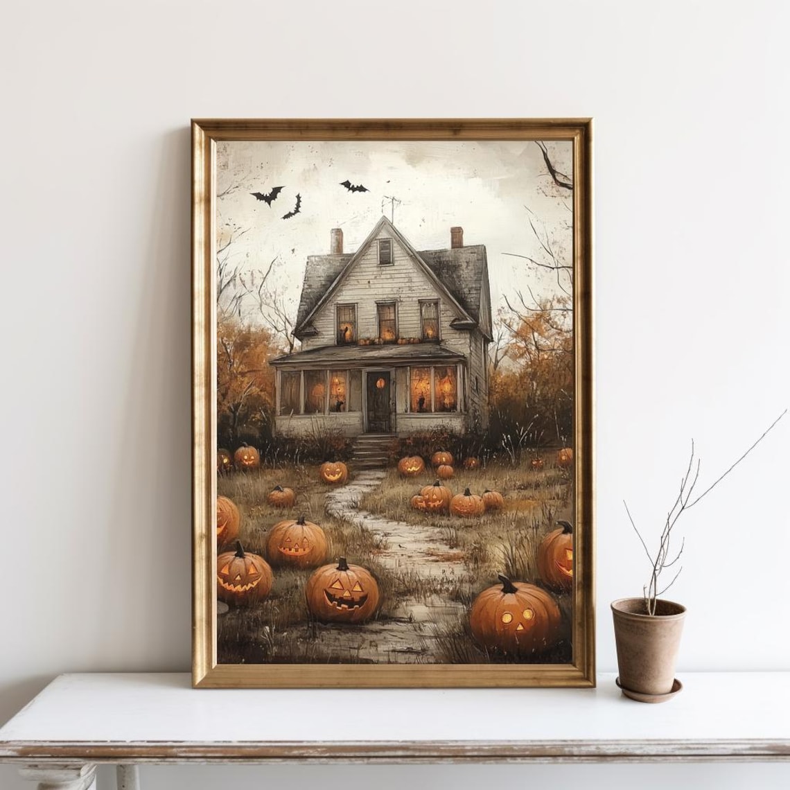 Spooky Halloween Farmhouse Pumpkin Patch Vintage Art Print