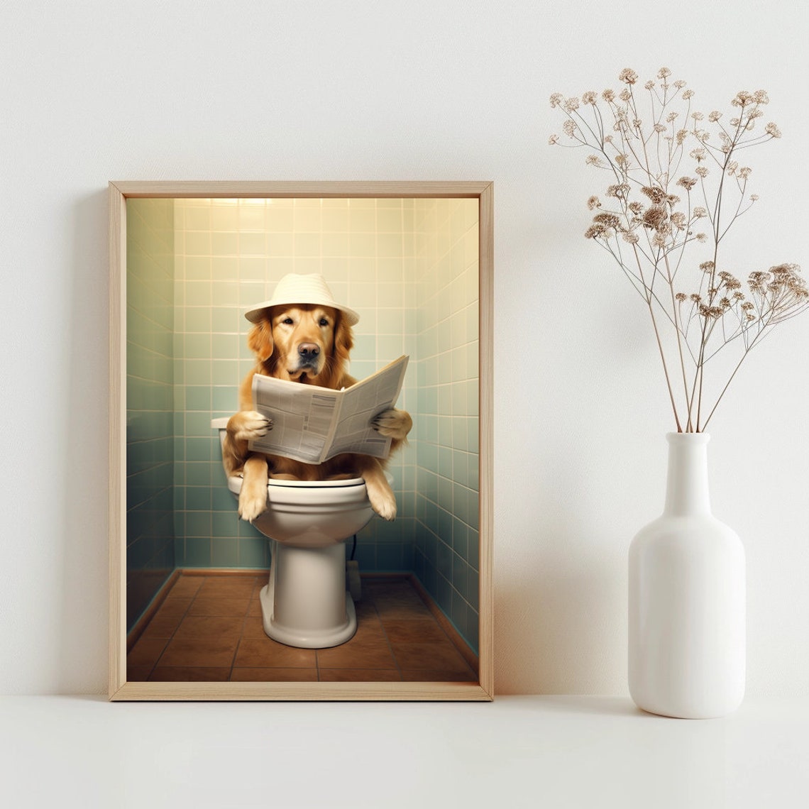 Golden Retriever Reading Newspaper on Toilet Funny Bathroom Poster