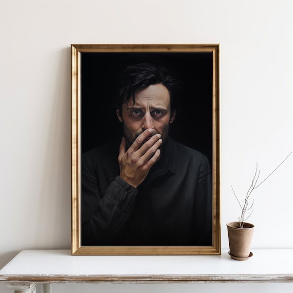 Funny Bathroom Humor Man Holding Nose Dark Moody Painting Wall Art