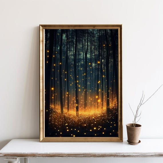 Magical Forest Wall Art Enchanted Forrest Fireflies Decor Dark Maximalist Print Moody Botanical Canvas Landscape Sg415