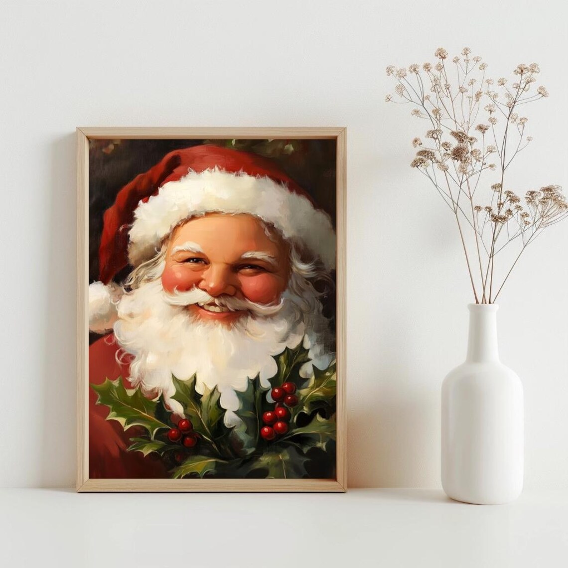 Happy Santa Smiling Holly Berries Vintage Christmas Artful Poster